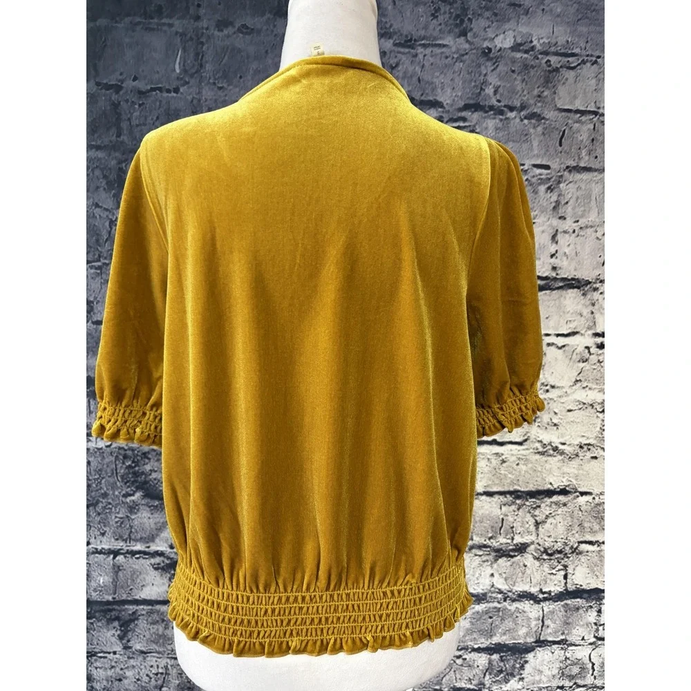 Madewell Blouse Womens Small Gold Velvet Wrap V Neck Top Puff Sleeve Smocked Hem